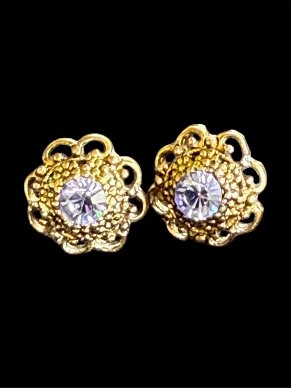 Ornate Vintage Gold Tone Lavender Crystal Floral Statement Earrings